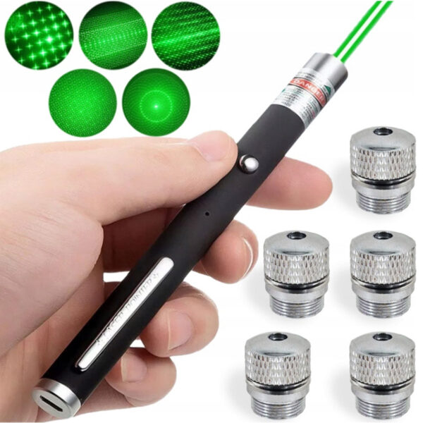 Mocny Laser Zielony Długopis 5 końcówek Gwiazdy Wskaźnik Laserowy