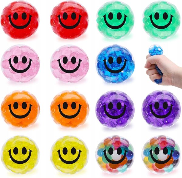 Gniotek antystresowy piłka gumowa z kulkami uśmiechnięte emotki 16 sztuk