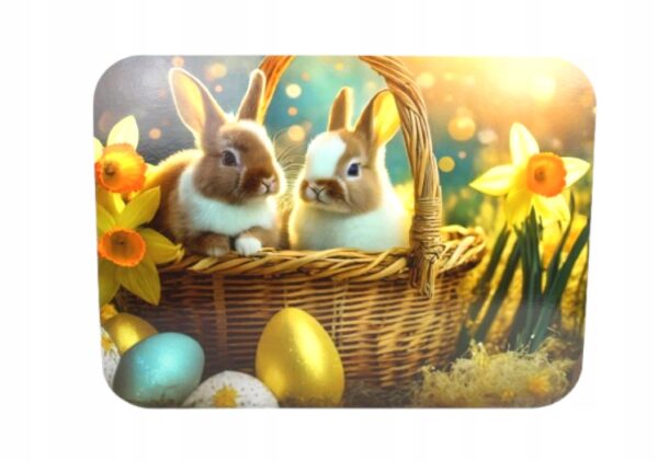 PODKŁADKA NA STÓŁ Mata stołowa 40x30 cm ZAJĄCZKI W PLECIONYM KOSZYKU NARCYZ