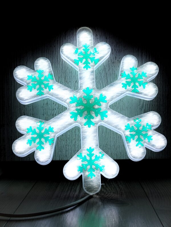 Świąteczna Śnieżynka Płatek Śniegu 38 cm Zimno Biała + Zielony NEON LED